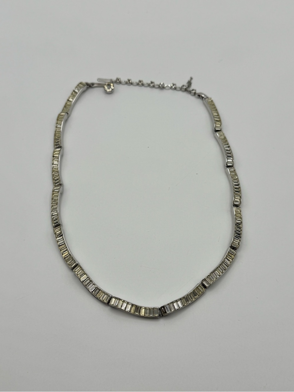Vintage Trifari Rhinestone Choker Necklace Baguette Emerald Cut Silver Tone 16"